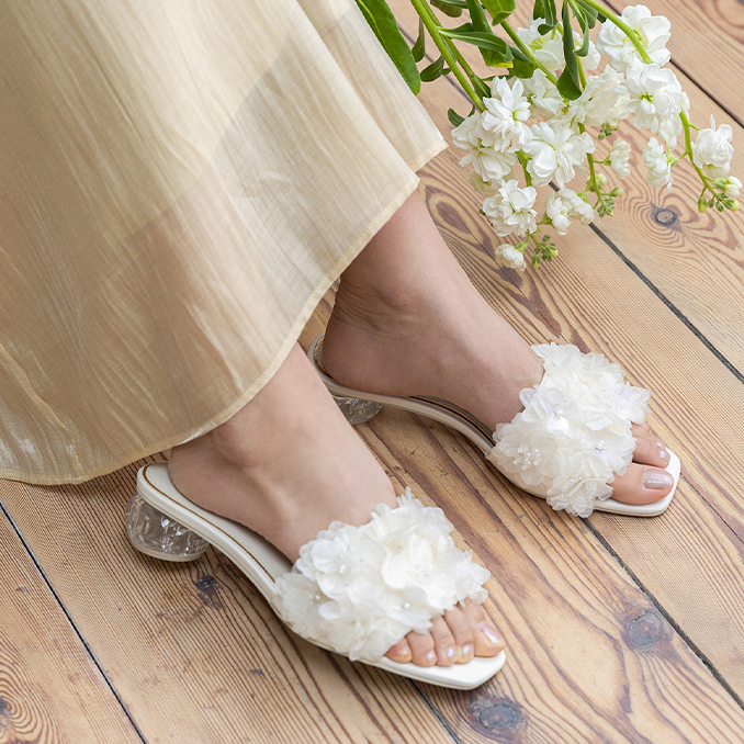 RANDA フラワー装飾 サンダル ピンク ランダ RANDA ストレスフリー/シフォンフラワーミュールサンダル