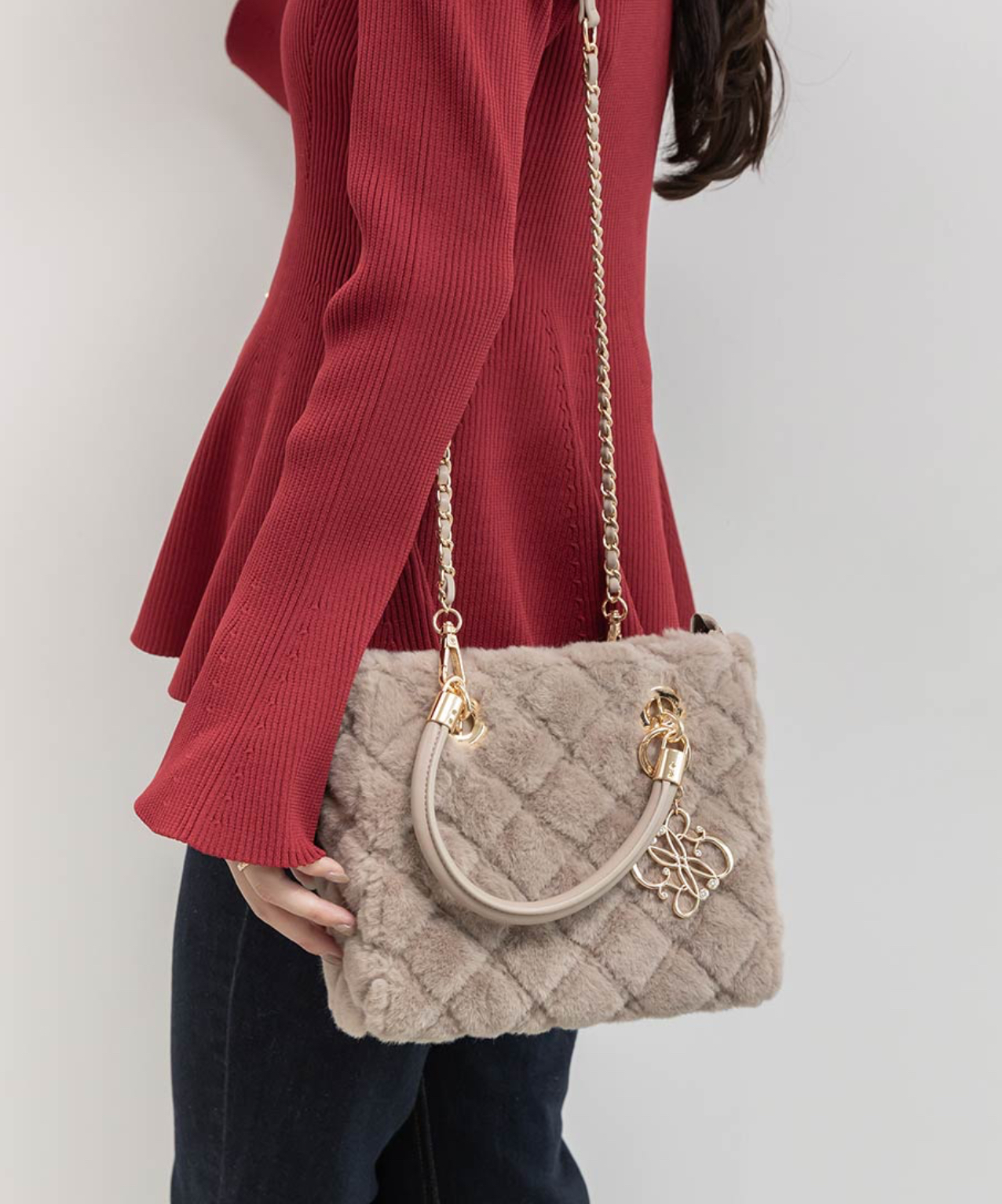 2WAY ファーキルティングハンドバッグ